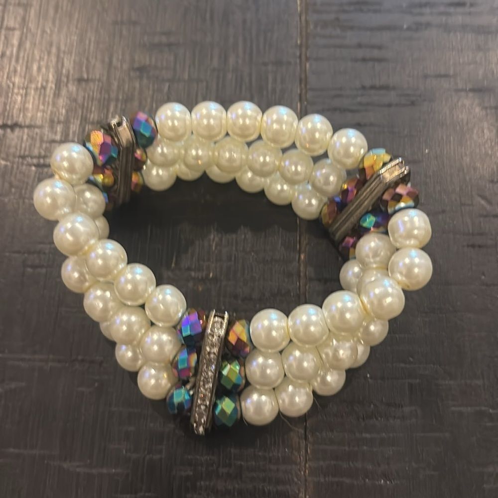 Faux Pearls and Rainbow Aurora Borealis Rhinestone Bands Stretch Bracelet